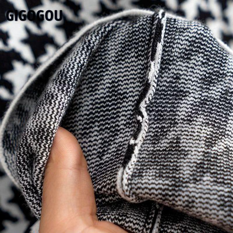 GIGOGOU Houndstooth Elastic Band Women Skirts Autumn Winter Warm Knitted Pencil Bodycon Ribbed Midi Sweater Split Up 220317