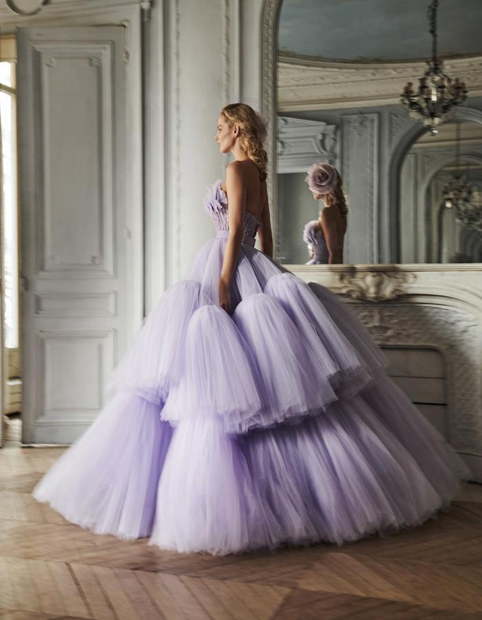 Ball Gown Light Purple Evening Dresses Bateau Strapless Sleeveless Floor Length Train Lace Ruffles Beaded Appliques Sequins Beads Prom Dress Vestidos 