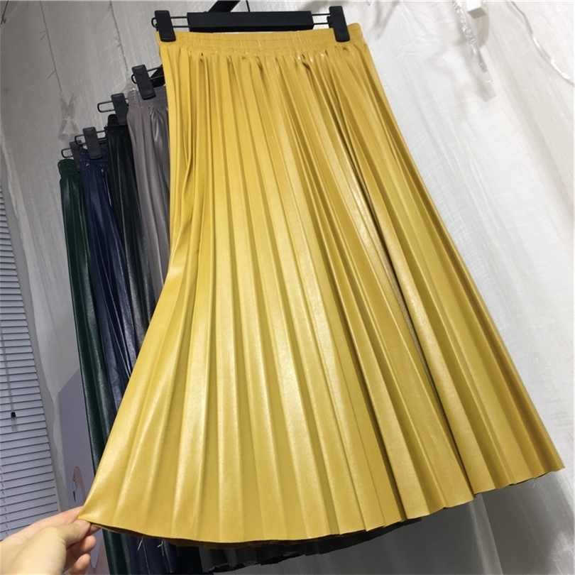 new women pu leather pleated skirt halflength retro highwaisted slim organ leather skirt pleated long skirt female T200324