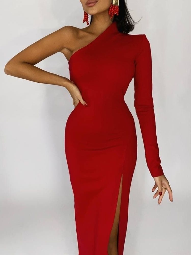 Elegant Dresses for Women Summer One Shoulder Maxi Dress Bodycon Sexy Black Long Fomal Wedding Evening Party Dress Fashion 220511
