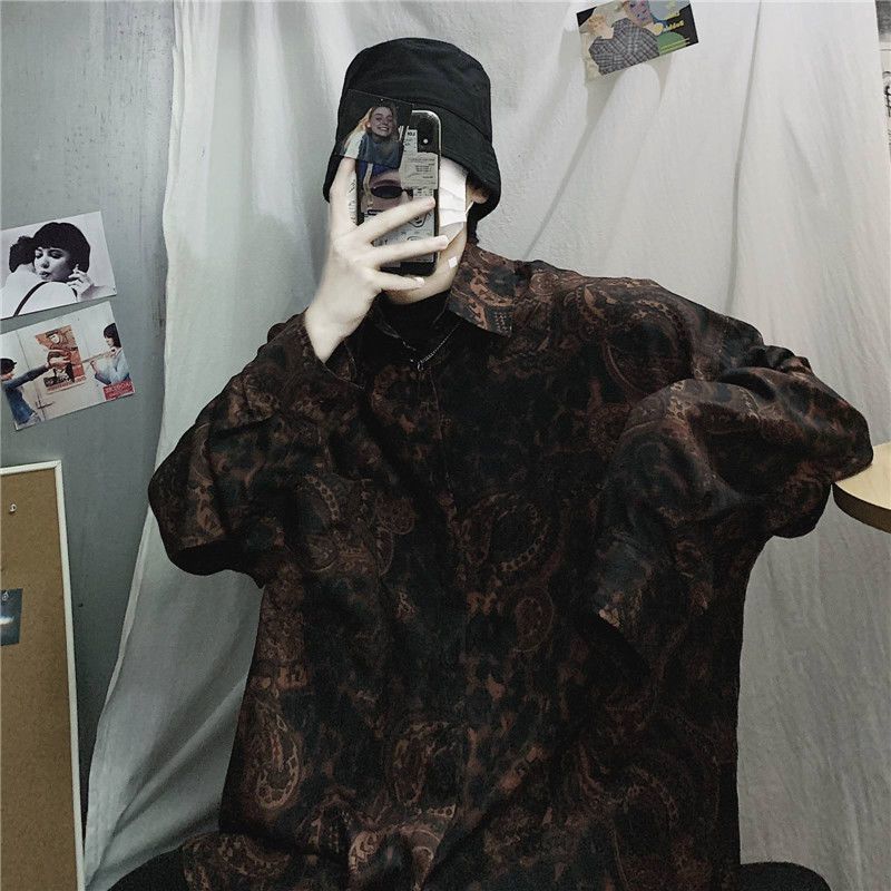 spring autumn long-sleeved shirt Korean vintage Hong Kong style dark abstinence cashew flower print loose jacket men women 220330