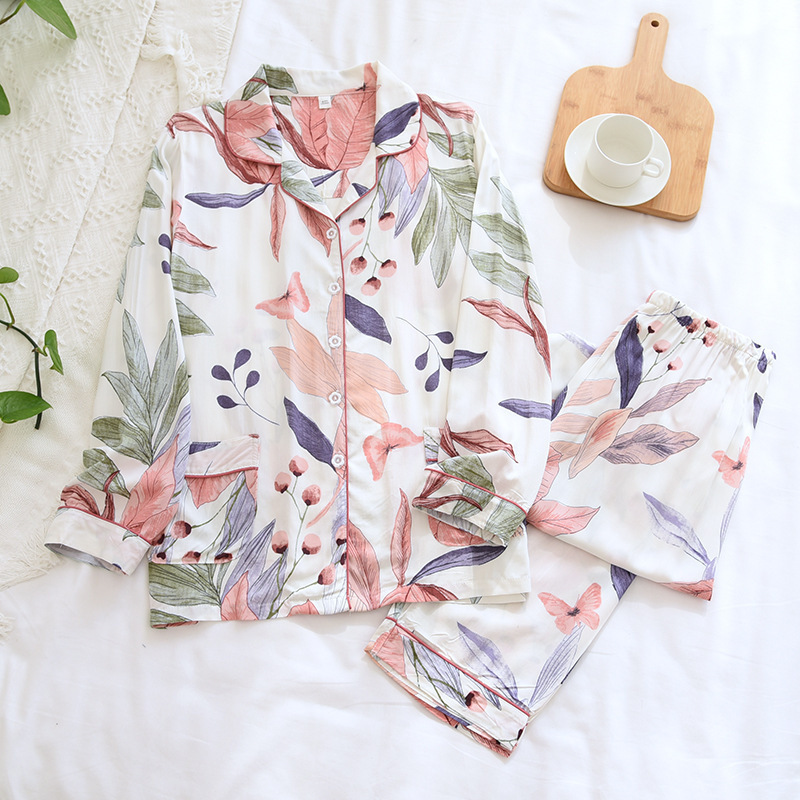 Women's Two-Piece Home Suit For Spring And Aummer Thin Long-Sleeved Viscose Cotton Pants Pajamas Women Summer Pyjamas Set 220329