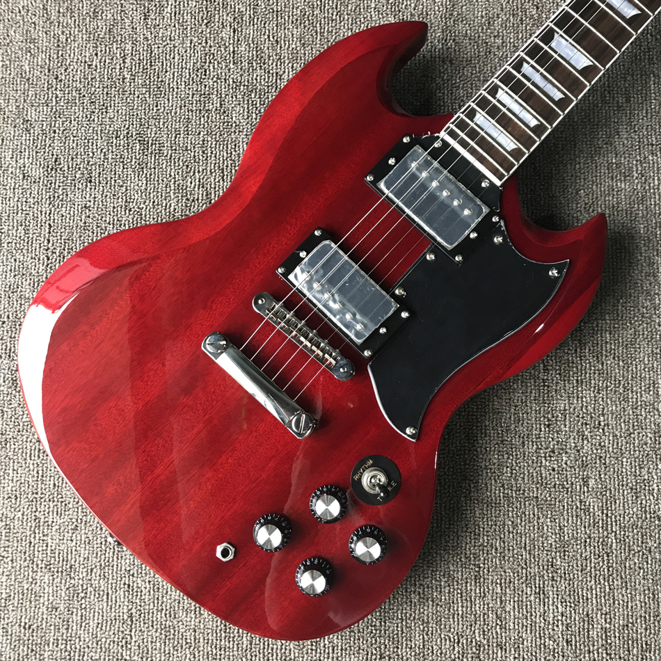 SG electric guitar, rosewood fingerboard, chrome hardware, transparent red, 2 pickups, tune-o-Matic bridge, solid mahogany body guitar
SG electric guitar, rosewood fingerboard, chrome hardware, transparent red, 2 pickups, tune-o-Matic bridge, solid mahogany body guitar