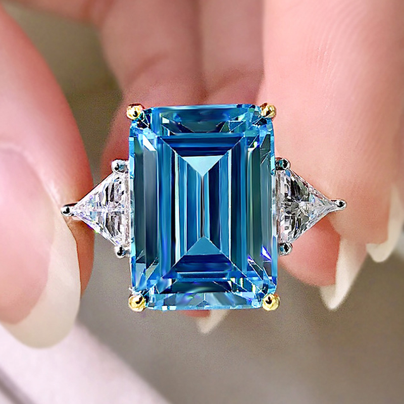 Solitaire Ring OEVAS 100 925 Sterling Silver Sparkling 10 14mm Aquamarine 5A Zircon Rings For Women Party High Carbon Diamond Fine Jewelry 220726