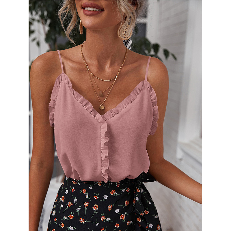T-shirt Women Summer Temperament Sexy V-Neck Ruffles Backless Pullover Solid Chiffon Camisole Top Women's Clothing 220316