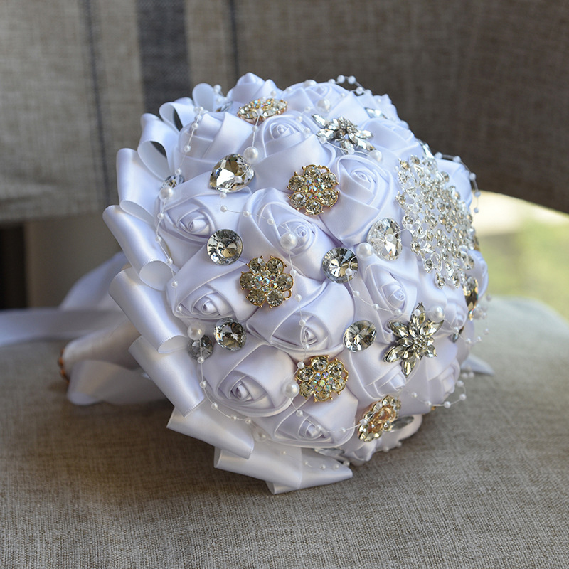 Amazing Bling Crystal Brooch Handmade Satin Rose Bridal Bouquets Flowers Bridesmaid Handholds Customized Bouquet