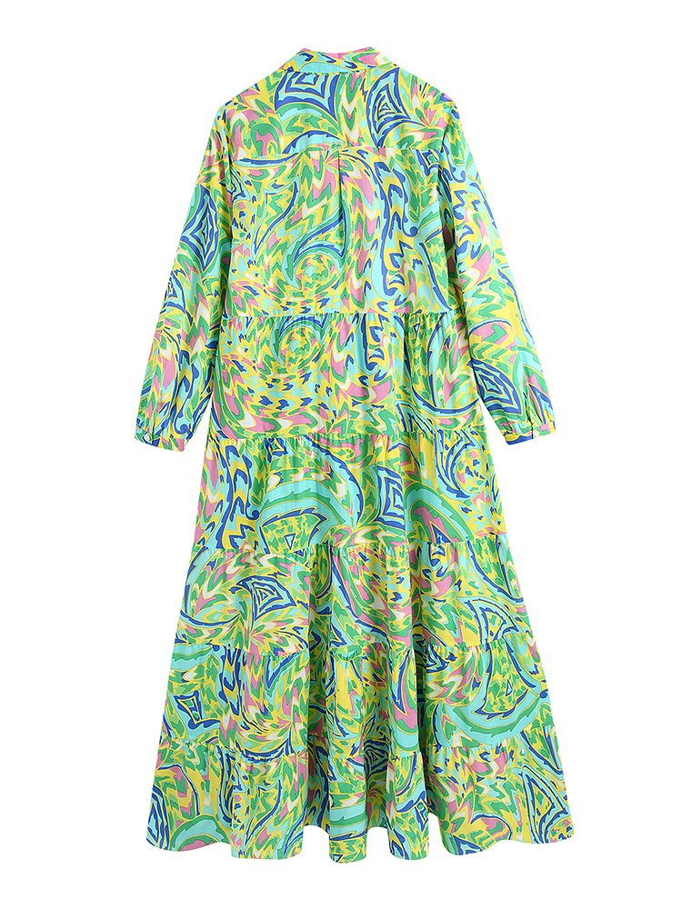 Foridol Paisley Print Shirt Dress Elegant Autumn Winter Green Floral Boho Female Maxi Long Sleeve 220511