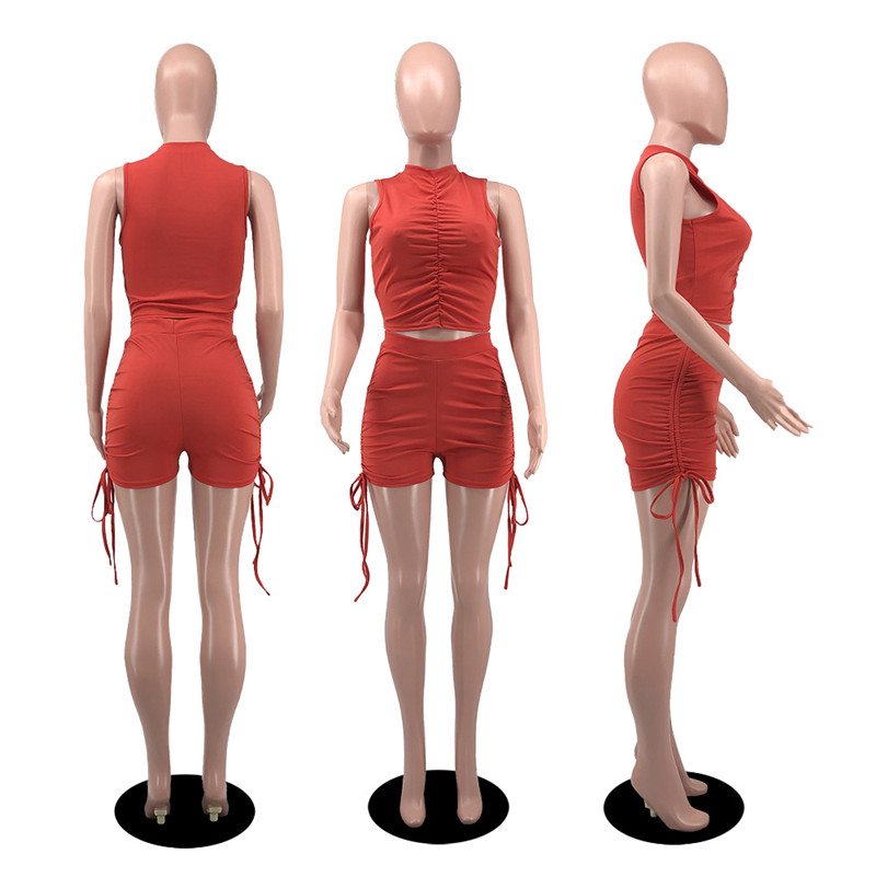 New Wholesale Women Summer Tracksuits Solid Outfits Sleeveless Shirring T Shirt Bandage Shorts Two Piece Set Casual Sports Suits Fitness clothes Bulk 