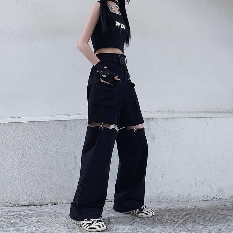 Deeptown Gothic Techwear Emo Black Cargo Pant Punk Oversize Hollow Out Wide Leg Pocket Trousers for Female Goth Hip Hop 220325