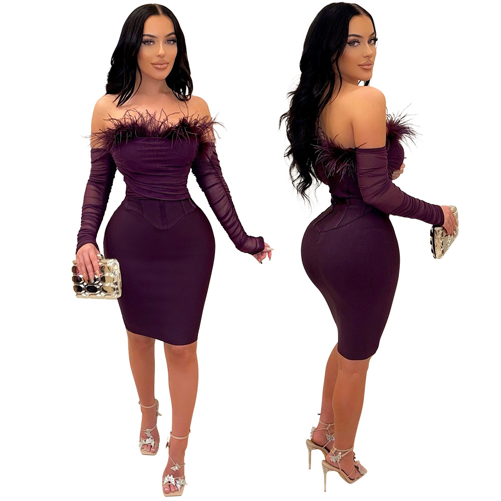 Ostrich Feather Purple Evening Dress 2022 Sexy Strapless Black Girls Prom Dresses With Sleeves Knee Length Sheath Cocktail Party African Women vestido