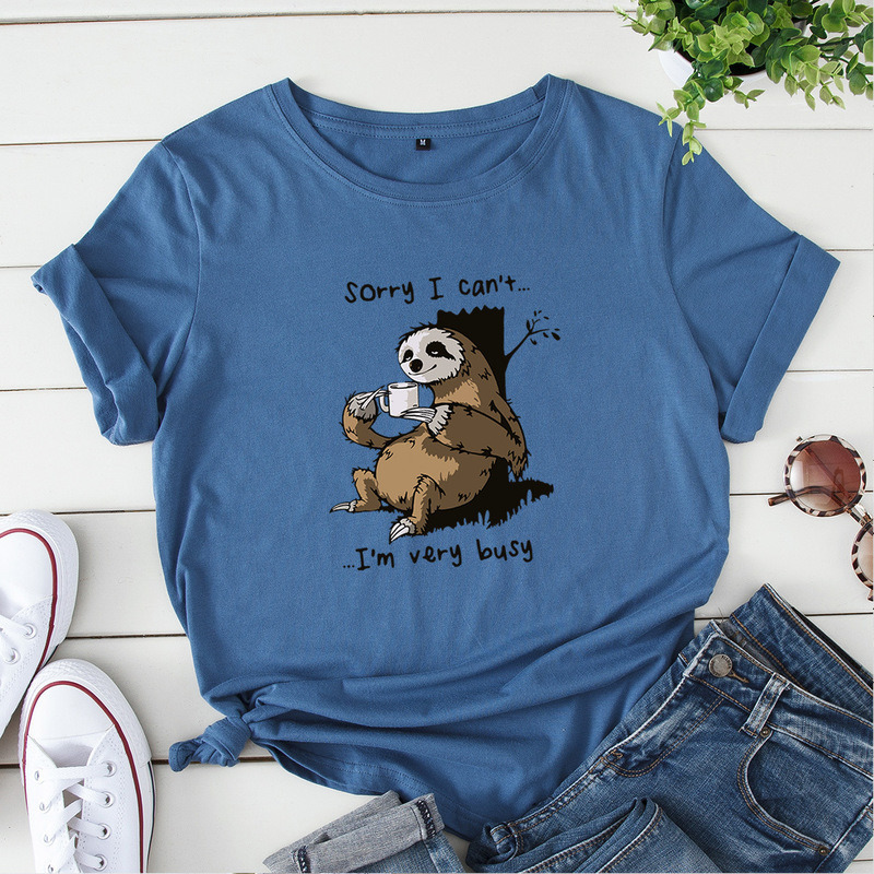JCGO Women T-shirt Summer Short Sleeve Cotton Ladies Regular Cute Lazy Sloth Print Funny Casual O Neck Female T Shirts Tees Tops 220321