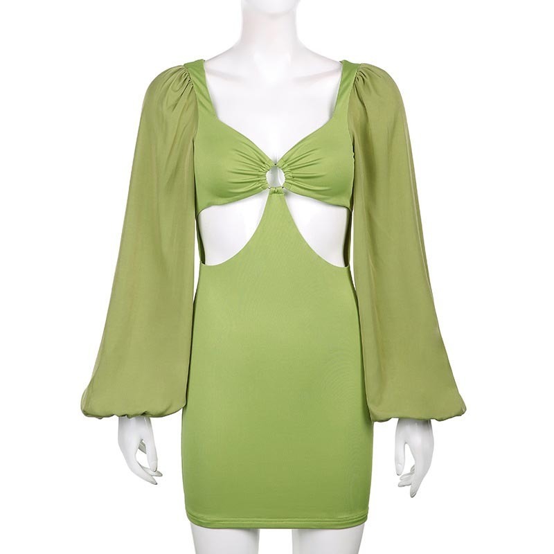 Fall Winter Chic Women Solid Sexy Lantern Long Sleeve Dresses Slim Hollow Out Party Bodycon Mini Dress For Female 220406