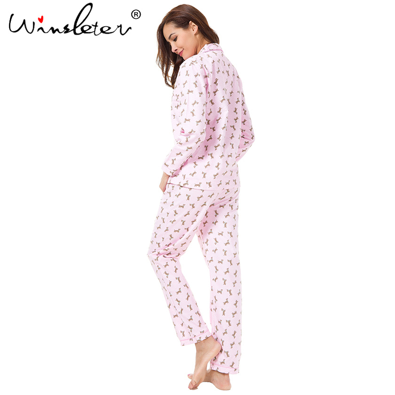 Pink Pajama Sets Women Cute Dachshund Print 2 Pieces Set Long Sleeve Top Elastic Waist Pants Brushed Cotton Thick S7N002 220329