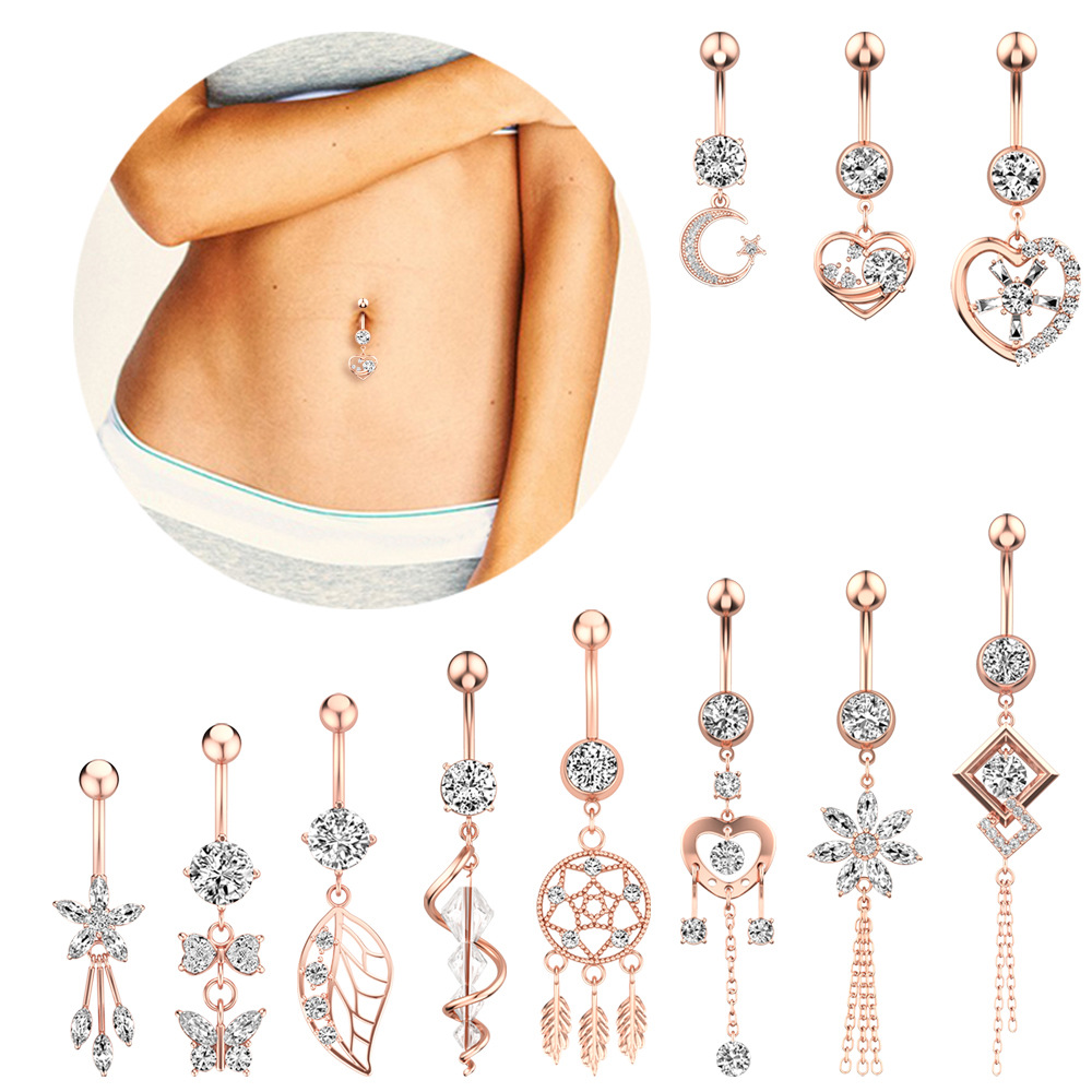 New Surgical Titanium Stainless Steel Belly Button Ring Diamond Butterfly Dangle Navel Barbell Stud for Women Rose Gold Cubic Zirconia Piercing Bling 