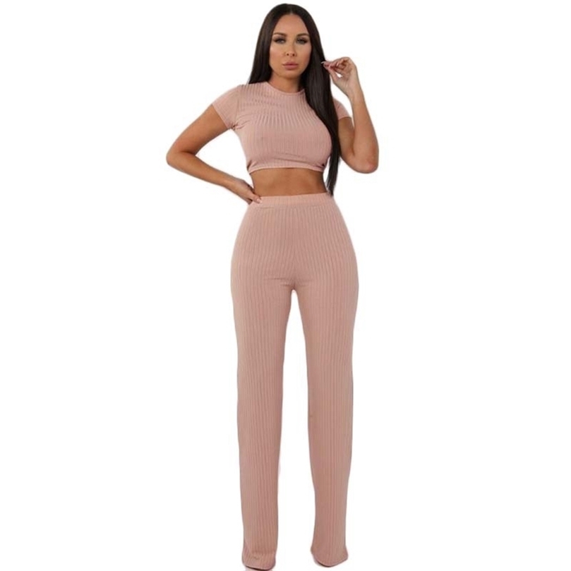 Women knitted long sleeve oneck crop top wide leg pants 2 piece set for female women tops pants two pieces sets women's suits 220817