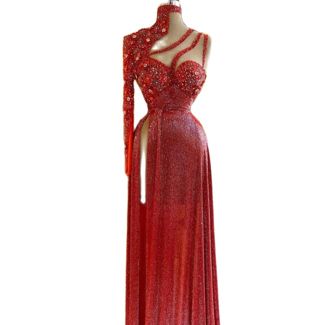 Serxy Red Beading Mermaid Evening Dresses High Split Elegant Applique Cut Out One Shoulder For Women Party Gowns
