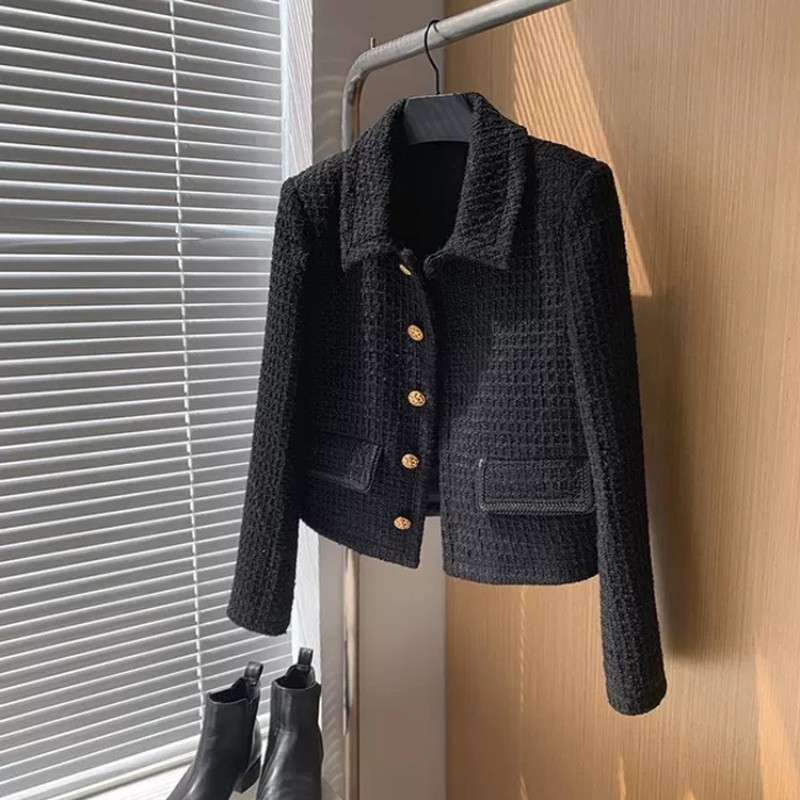 Runway Fall Winter Vintage Cropped Jacket Womens Korean Fashion Black Casual Tweed Jackets Elegant Chic Brand Outwear Coat 220817 - view 5