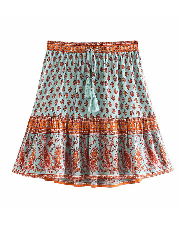 Chic Hippie Floral Printed Mini Skirts Vintage Elastic Tassel Faldas Summer Beach Boho Casual Clothes Short Women Skirts 220611