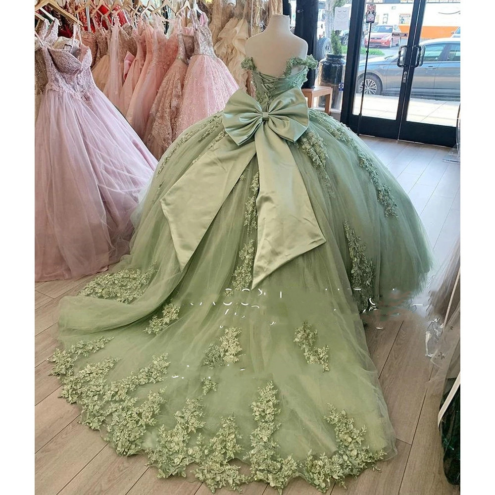 Mint Green Off The Shoulder Quinceanera Dresses Ball Gown Floral Appliques Lace Bow Back Corset For Sweet 15 Girls Party 0516