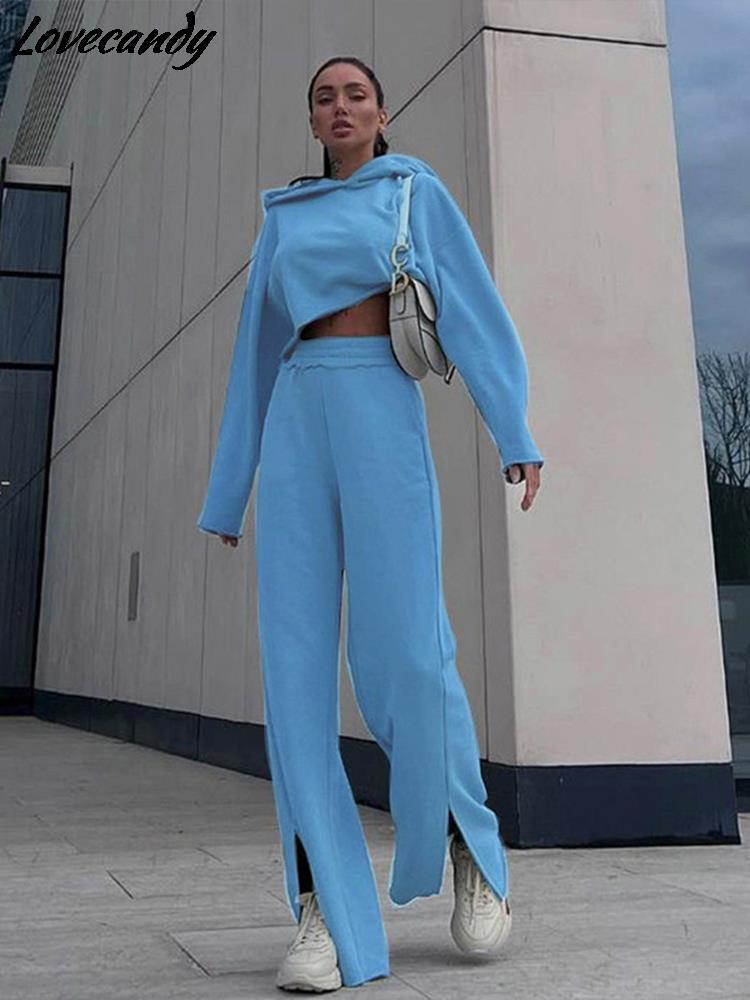 Autumn Women Blue Suits Casual Long Sleeve Sweat Shirt High Waist Slit Trousers Sports Outfits Female Hooded 2 Peice Set 220817