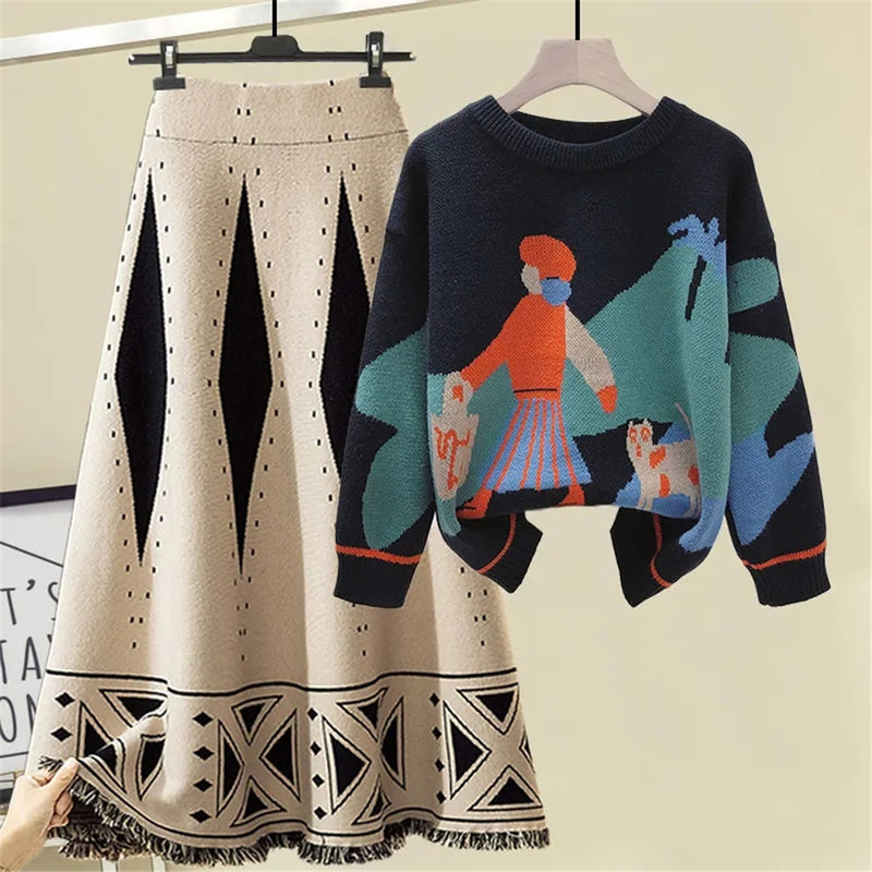 Vintage Jacquard Fringed Knit Skirt Women High Waist Stretch Loose Plus Size 4xl Long Korean Tassel Wild Daily Knitted 220317