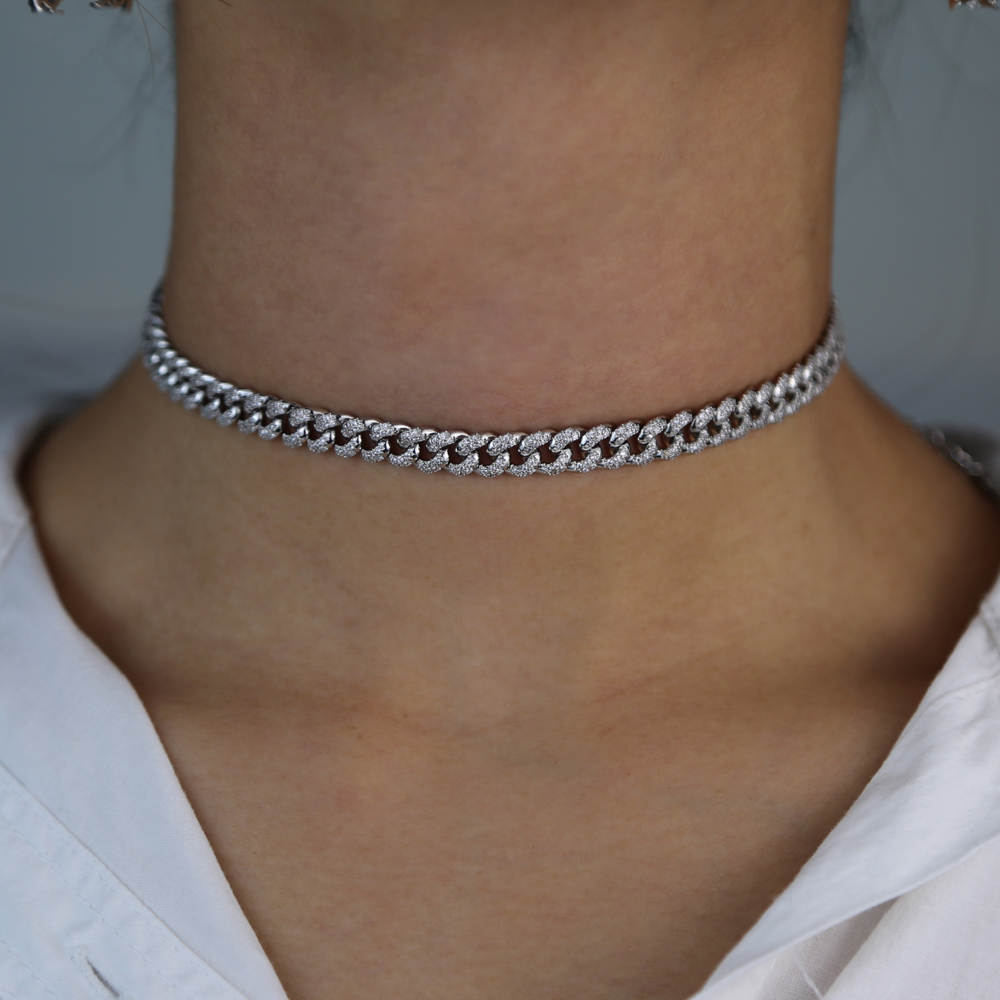 Iced out bling 7mm crystal Miami cuban link chain choker necklace for lady micro pave cz miami chokers women jewelry