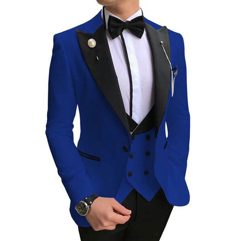 Classic White Men Suit Groom Wear Three Piece Wedding Tuxedos Black Peaked Lapel Slim Fit Mens Suits Jacket Vest Pants Prom Party Blazer