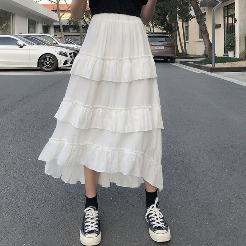 HOUZHOU Black Long Skirts Women Gothic High Low Ruched Ruffle Waisted Asymmetrical Midi Skirt Korean Fashion Goth Grunge 220317