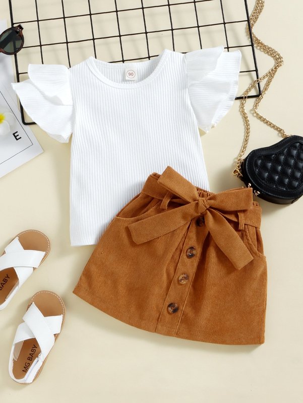 Toddler Girls Ruffle Trim Top & Belted Skirt SHE