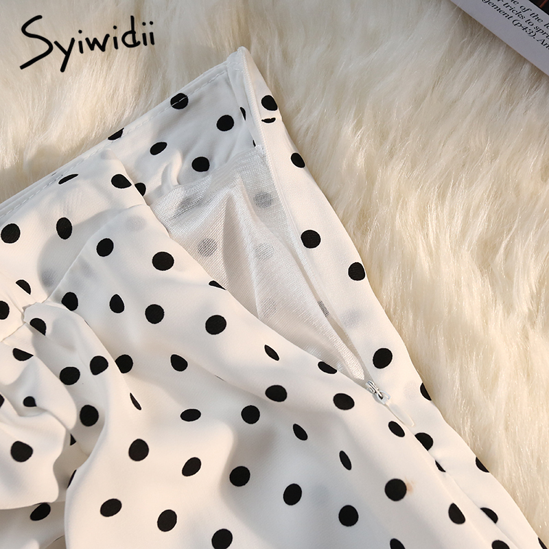 Syiwidii Shirring Side Slit Women's Skirts Polka Dot Print White High Waist Back Elastic Band Elegant Ladies Midi Long Skirt 220317