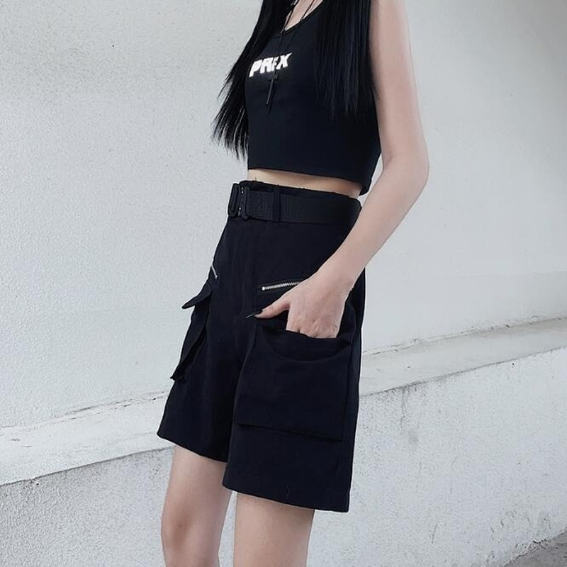 Deeptown Gothic Techwear Emo Black Cargo Pant Punk Oversize Hollow Out Wide Leg Pocket Trousers for Female Goth Hip Hop 220325