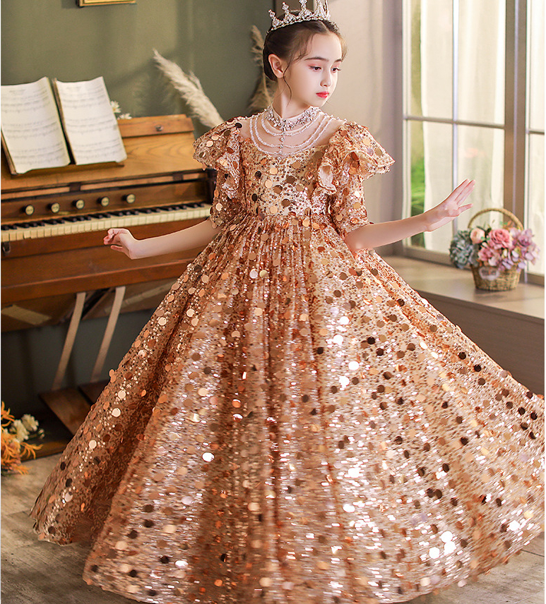 2023 Bling Crystal Flower Girls Dresses For Teens Tulle Floor Length Beach Gold sequined Girl Pageant Party Gowns Tulle Skirt Formal Kids Wear