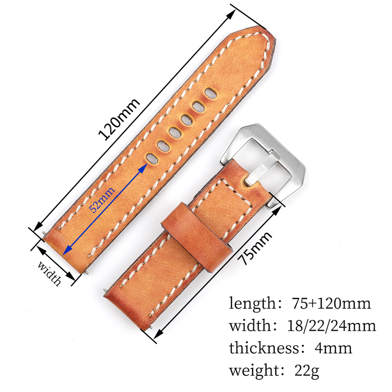 18mm 20mm 22mm 24mm Retro Genuine Leather Watchstrap Men Blue Yellow Watchband for Panerai Replacement Bands Wist Bracelet 220622
