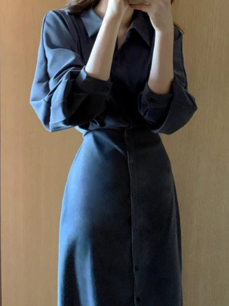 Women's Spring Autumn Fashion Long Sleeve Midi Shirt Dress Elegant Bodycon Solid Vestidos Female Casual Slim Party Clothes 220406