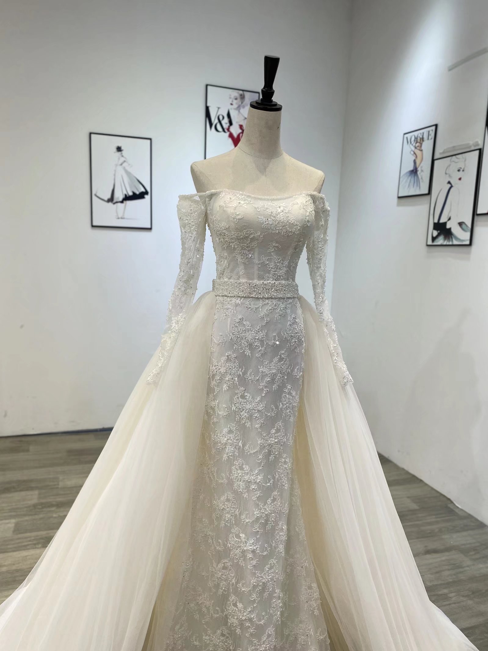 Bateau Elegant Mermaid Wedding Dresses Long Sleeves Off Shoulder Backless Strapless or Length Appliques Detachable Train Custom Made Vestidos De Novia