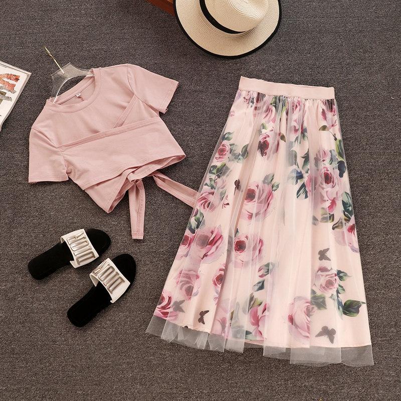 Skirts High Quality Women Irregular T-Shirt Mesh Long Skirt Suits Bowknot Solid Top Vintage Floral Sets Elegant Woman 2 Piece Set