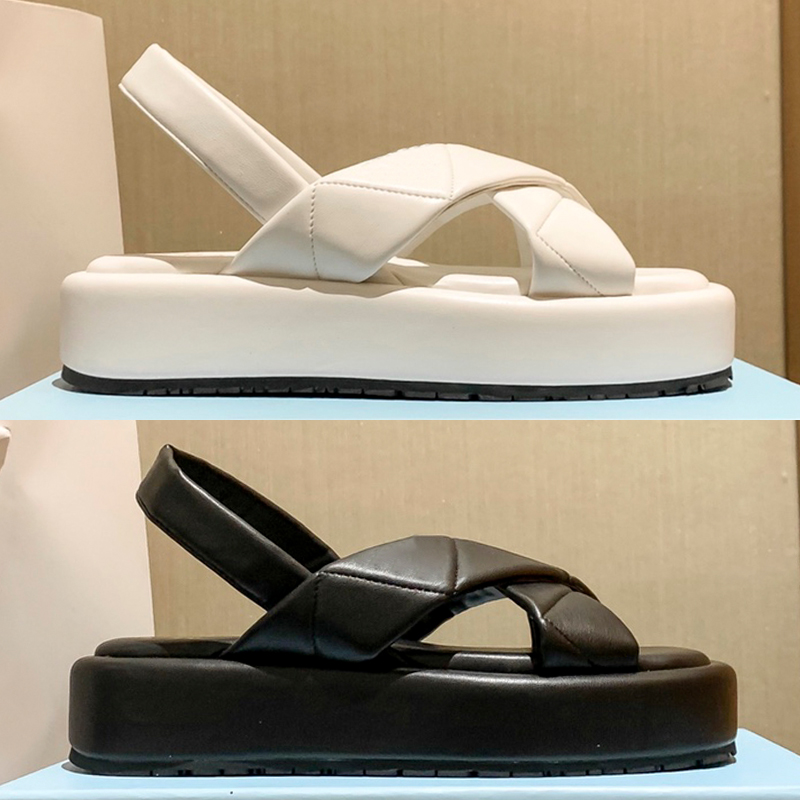 

With Box Quilted Nappa Leather Crisscross platform Sandals designer slipper women shoes white black fashion summer sandal outdoor luxury beach womens slides, Black-1