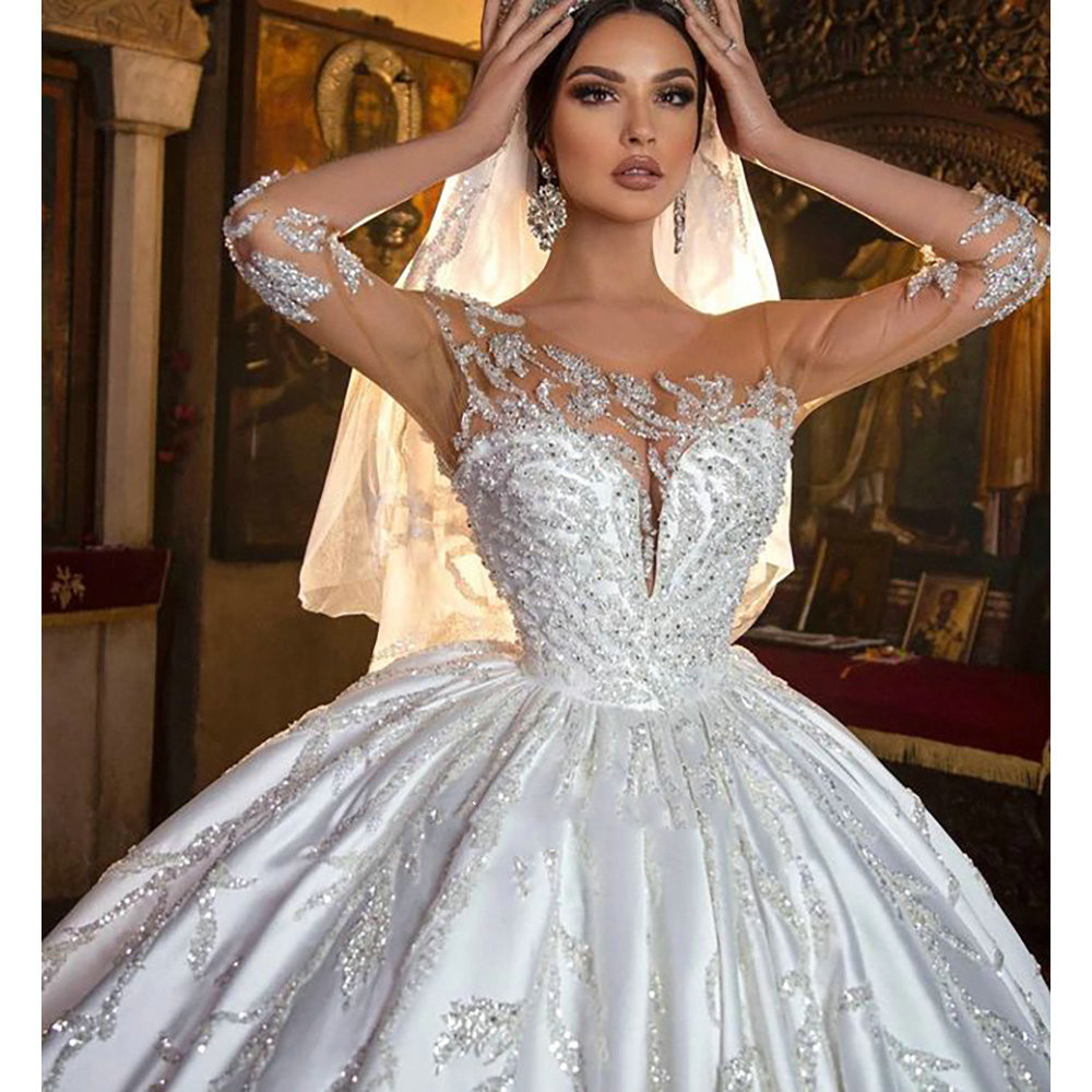 Three Quarter Sleeve Dubai Arab princess Wedding Dress Illusion Crystal Appliques cathedral train Saudi Arabic Bridal Gown