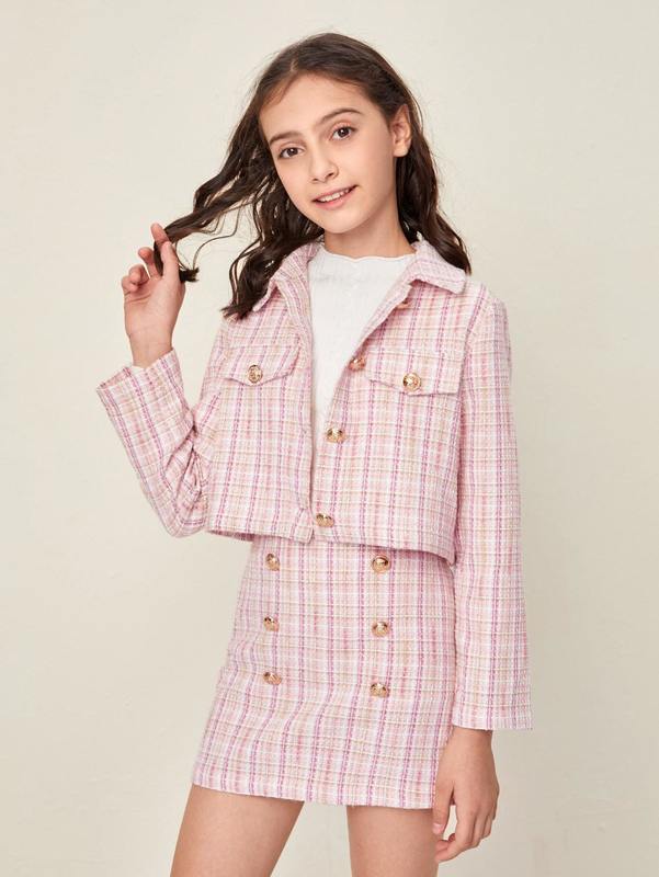 Girls Gold Button Detail Tweed Jacket & Skirt Set SHE