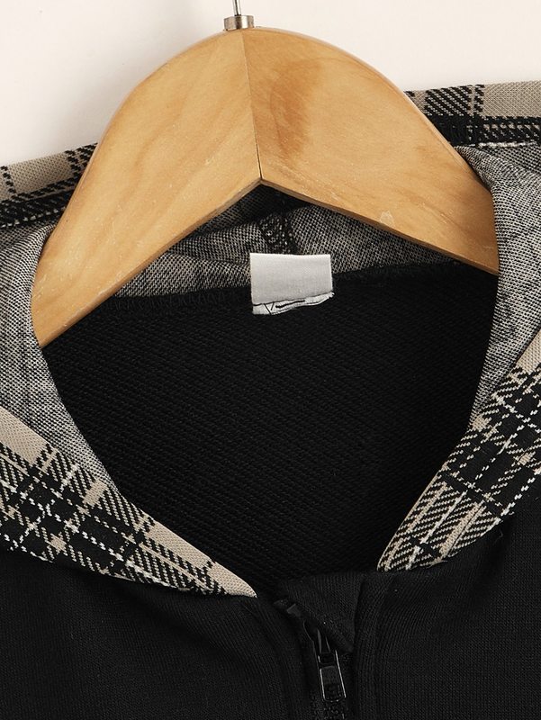 Toddler Boys Zip Up Colorblock Plaid Kangaroo Pocket Hoodie SHE