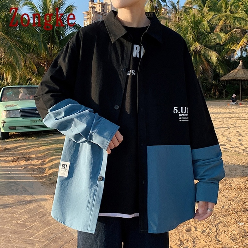 Zongke Patchwork Casual Shirts For Men Clothing Button Up Shirt Korean Fashion Clothes M-4XL Arrival 220322