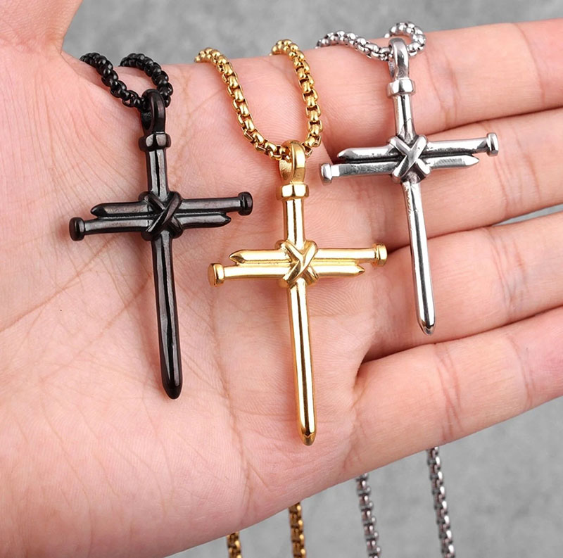 Hip Hop Mens Nail Cross Necklace Silver Gold Black Alloy Prayer Cross Pendant With Stainless Steel Chain Choker Necklaces Cool Boys Crucifix Jewelry G