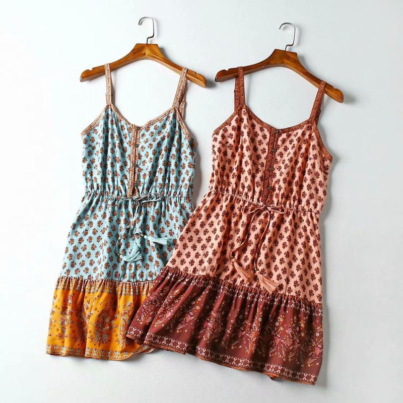 Bohemian Open Button V neck Floral print BOHO Dress Summer Holiday Woman Tassel Lacing up Waist Dresses Beach Sling Vestido 220511