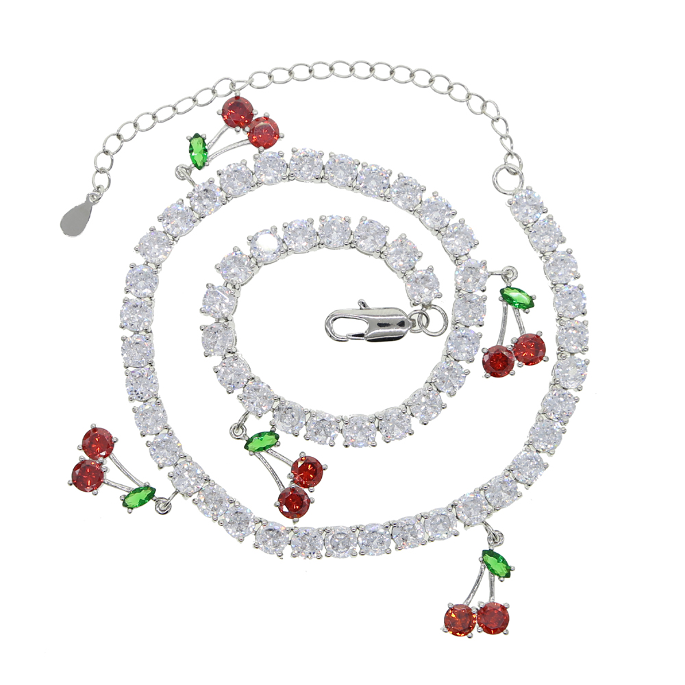 Promotion summer new cute cherry charm necklace clear cz tennis chain choker women necklace 32+10cm