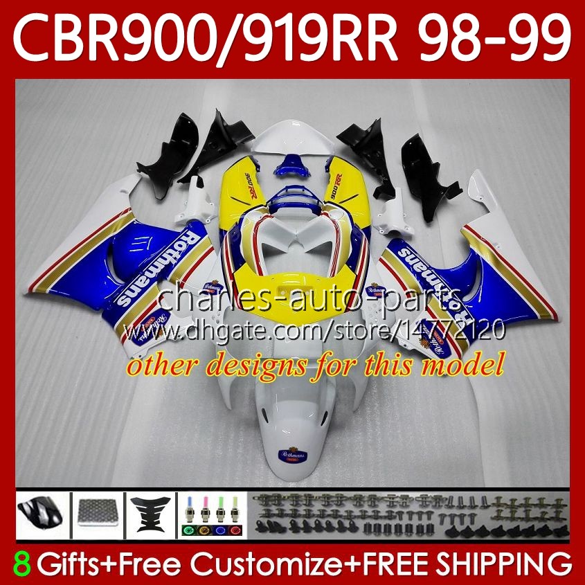 Fairings Kit For HONDA CBR 919RR 900RR 900CC 919CC CBR919 CBR900 RR CBR919RR 98 99 Body 127No.58 CBR 900 919 Red blue RR CC 1998 1999 CBR900RR 1998-19