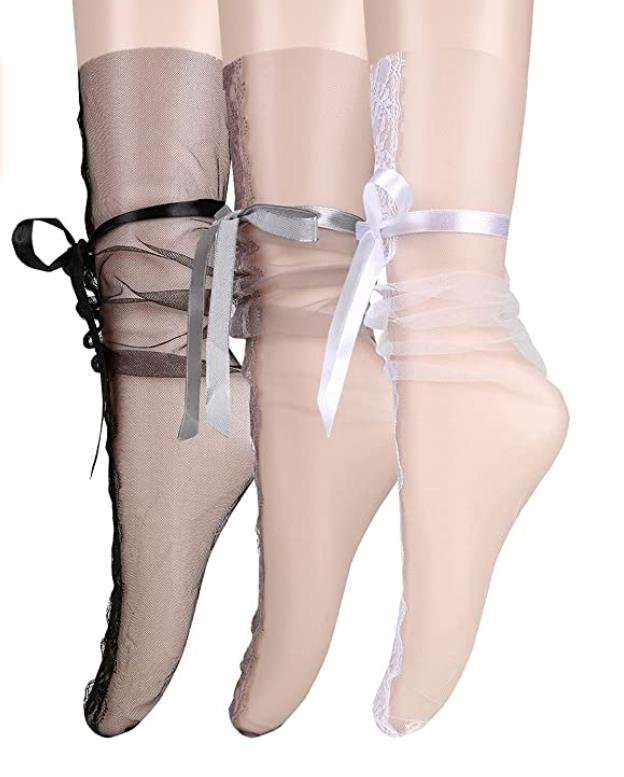 Women's See Through Mesh Loose Socks Lace Transparent Sheer Slouch Lace-up Sexy Socks Teen Girls Ankle Hosiery Black White