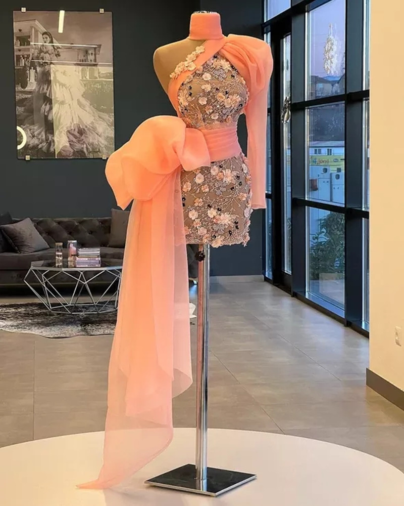 Short Blush Pink Prom Party Dresses Exquisite Beaded Flowers One Shoulder Long Sleeves mini evening cocktail gown with Side Tail