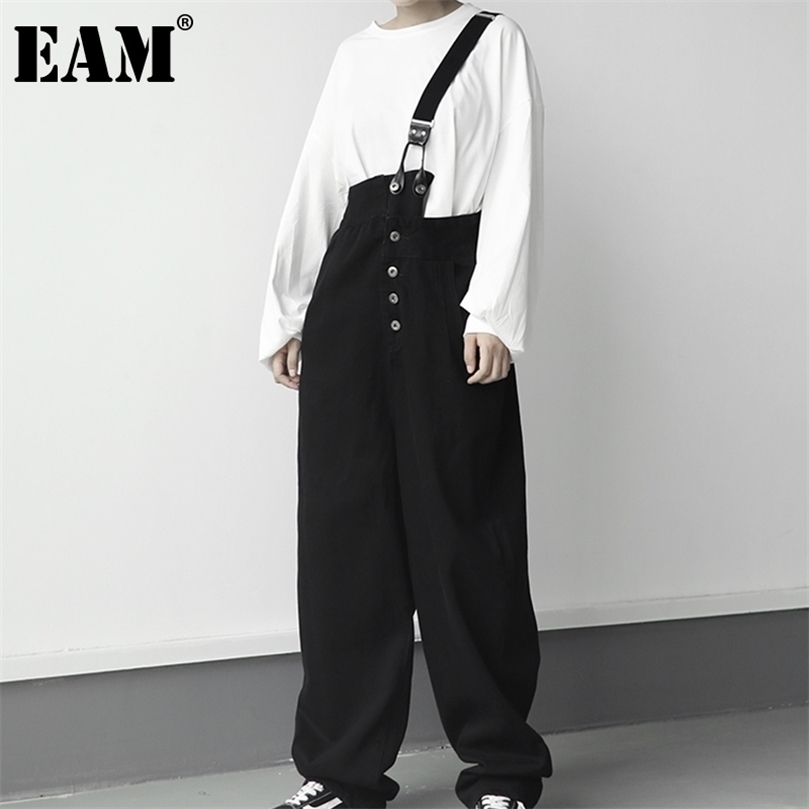 EAM High Waist Black Brief Long Wide Leg Overalls Trousers Loose Fit Pants Women Fashion Spring Autumn 1DB200 201228