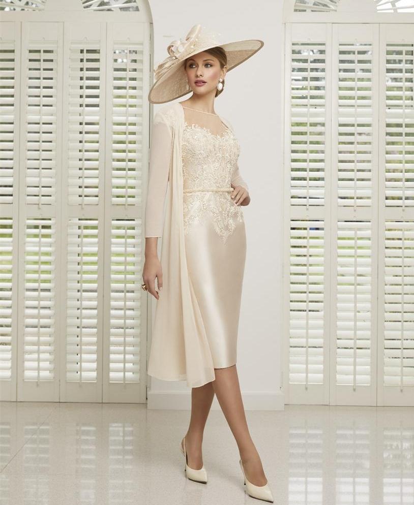 Two Piece Mother Of The Bride Dresses Neck Appliqued Beaded Sash Wedding Guest Gowns Short Sleeves Knee Length Mother Gown