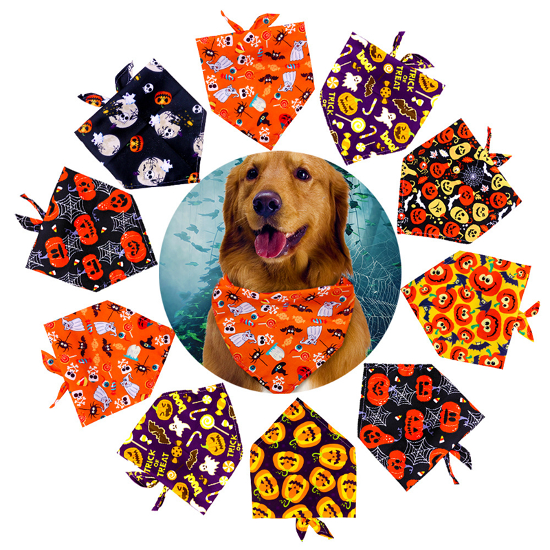 Halloween Bandanas Dog Apparel Soft and Breathable Adjustable Pumpkin Patterns Printing Pet Kerchief Pets Scarf for Small to Large Dogs Puppy Cat Medi